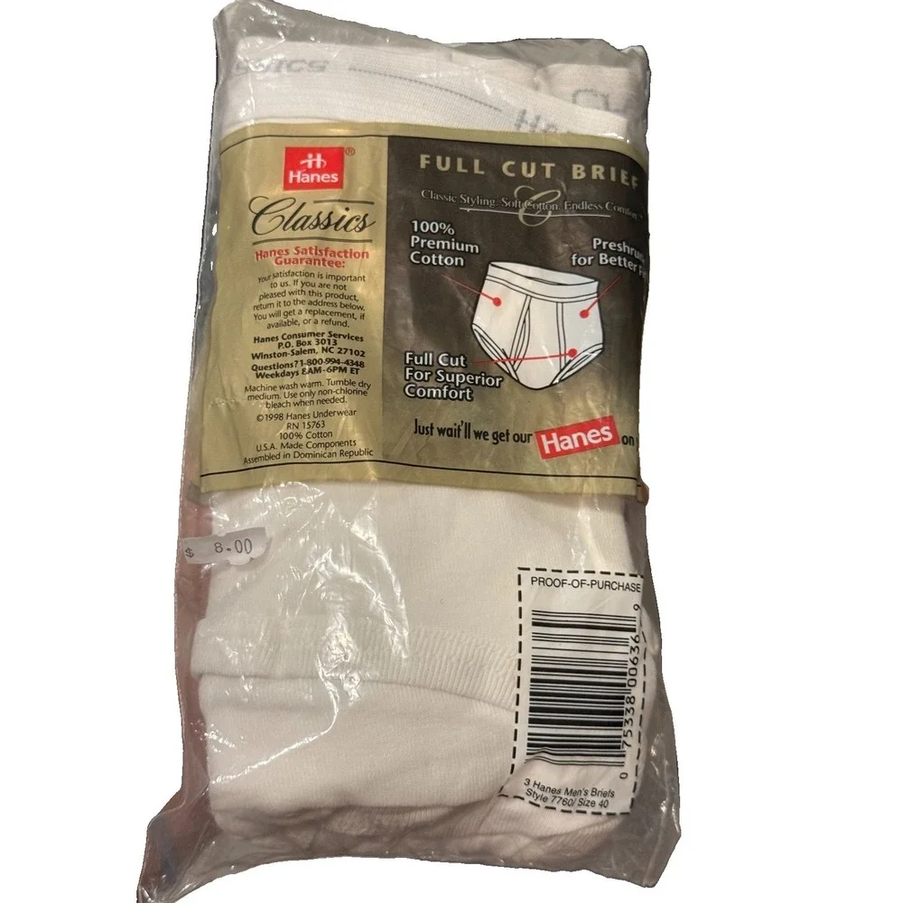Vintage Classics Hanes White Cotton Briefs XL 40 New Original Package 3 pairs